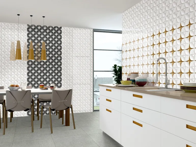 Contemporary White kitchen with decorative Moroccan-inspired highlight tiles.